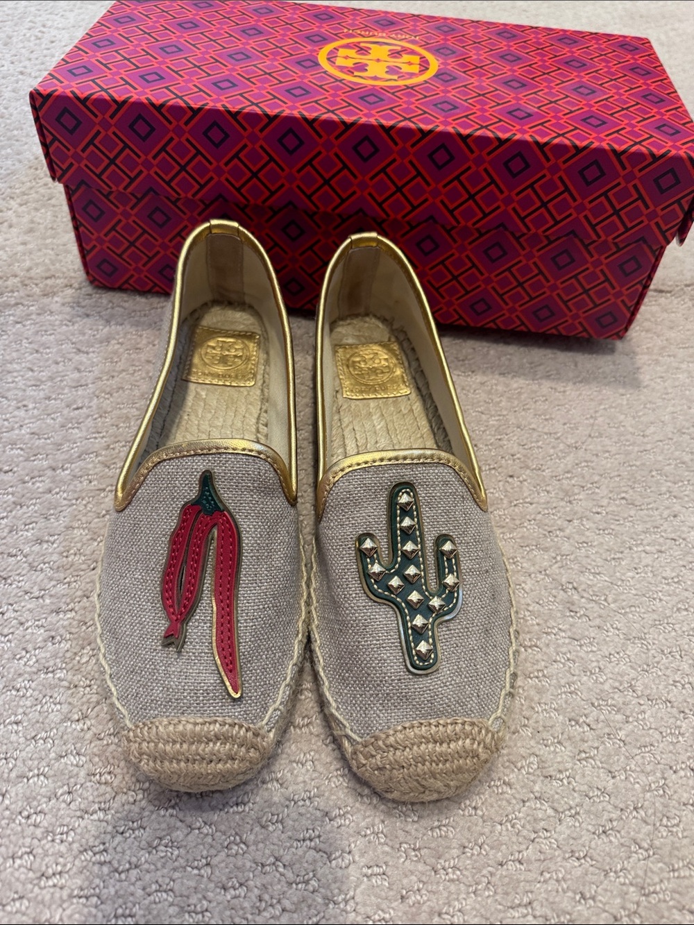 NIB Tory Burch Santa Fe Linen/Metallic Embroidered Espadrille Sz6